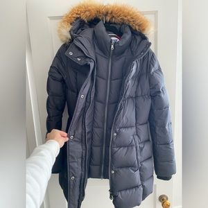 PAJAR Roxy Women's Duck Down Fox Fur Trim Puffer Coat Black Size S in Navy Blue